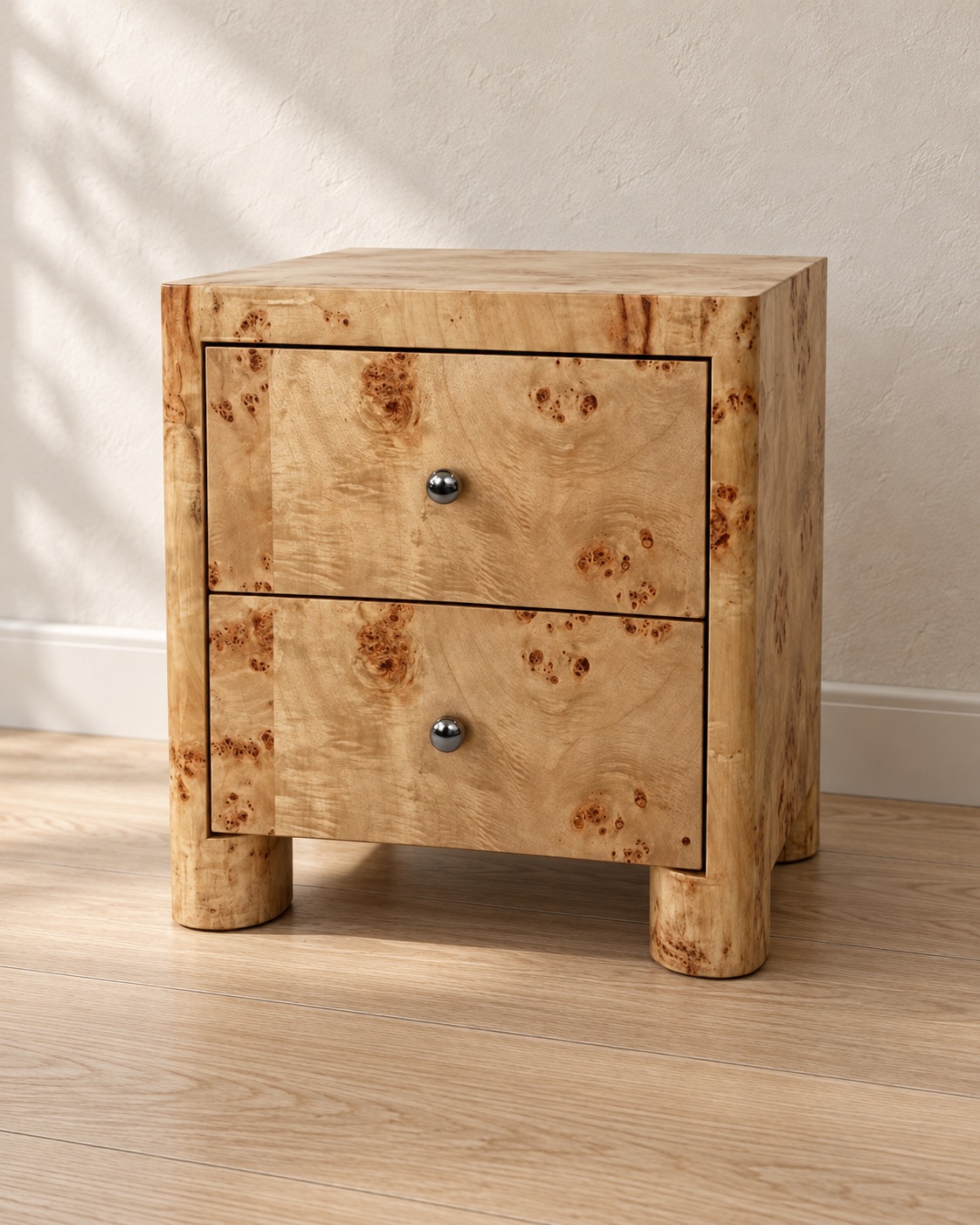 Burl Veneer Two-Drawer Nightstand — hero