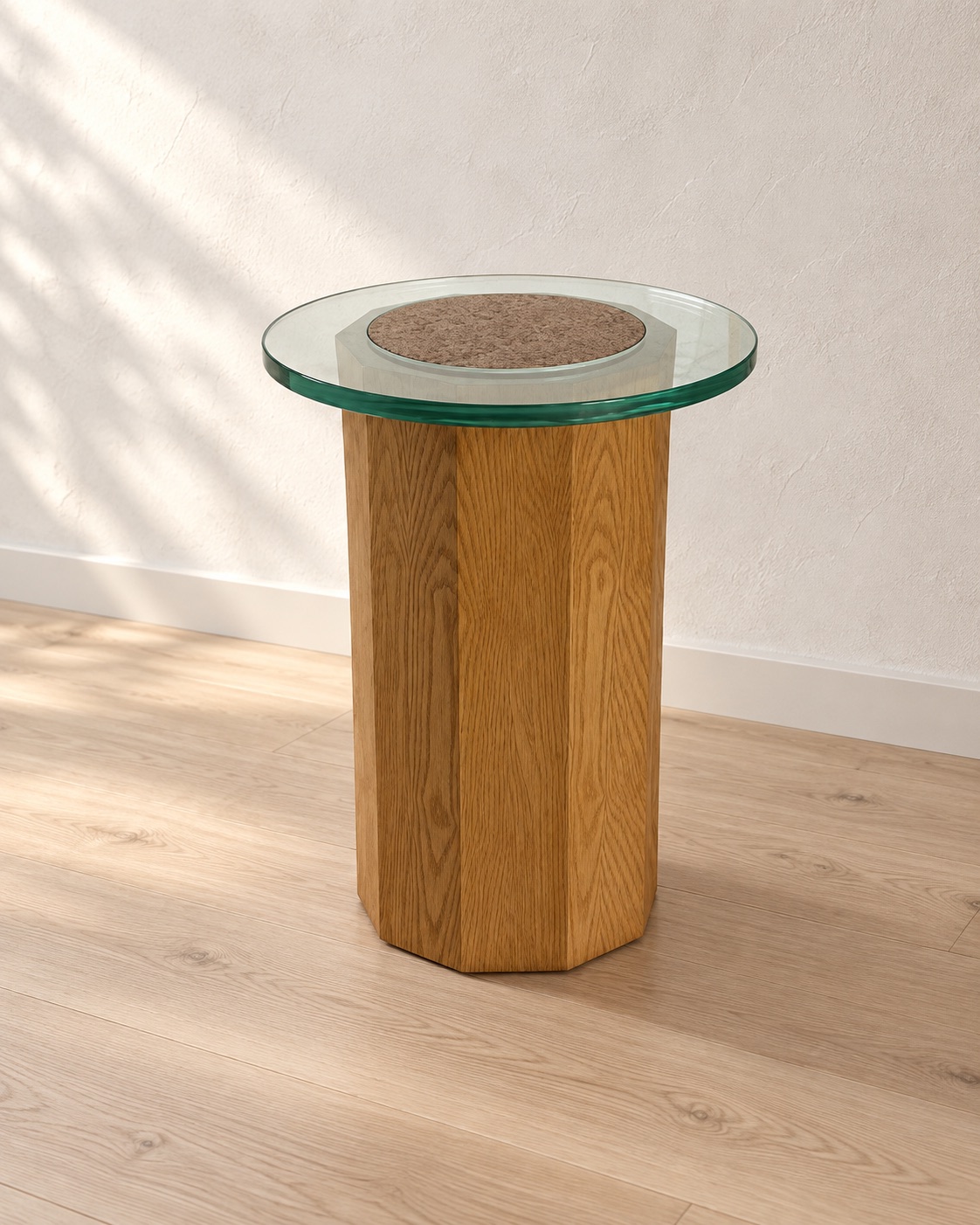 Glass-Top Oak Pedestal Side Table — hero